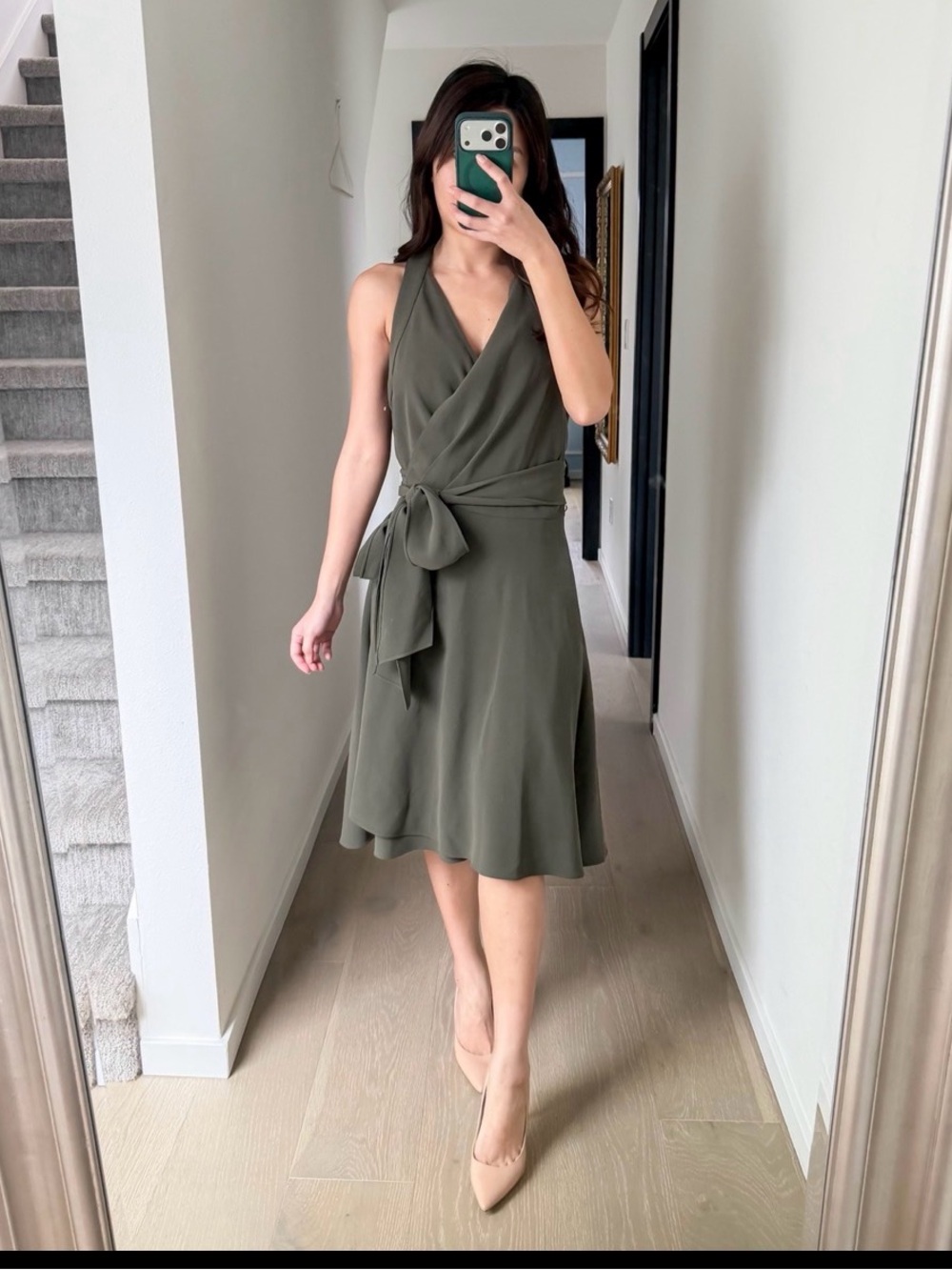 Diane Von Furstenberg Olive Green Wrap Midi Dress